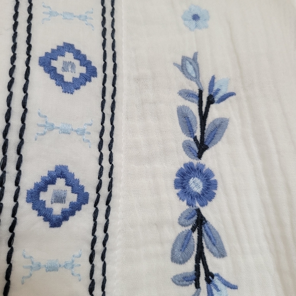Cynthia Rowley White Open-Front Embroidered Gauze Kimono with Blue Floral Trim - Picture 4 of 10